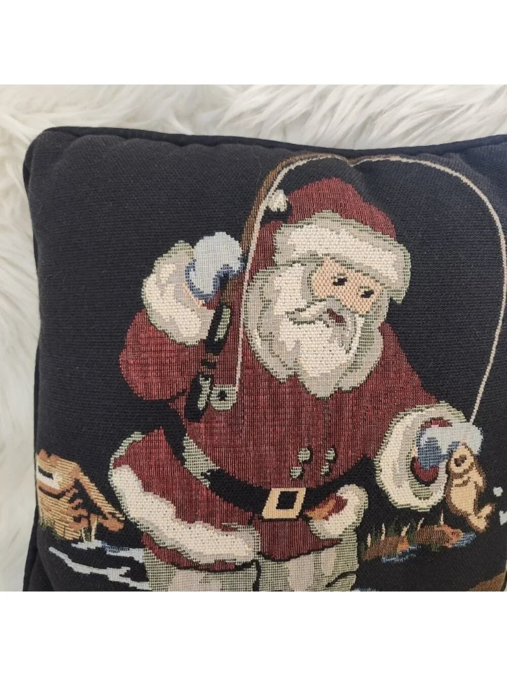 Vintage Tapestry Pillow Square Fishing Santa Claus Christmas Decor 1990s Fish